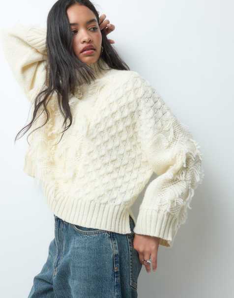 ASOS DESIGN funnel neck wool blend tassel jumper in cream - view 1