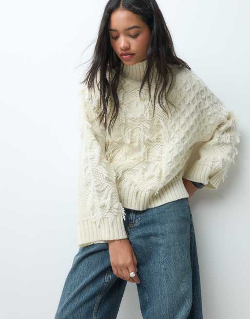 ASOS DESIGN funnel neck wool blend tassel jumper in cream, 5 of 5