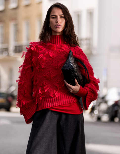 ASOS DESIGN funnel neck wool blend tassel jumper in red - view 1