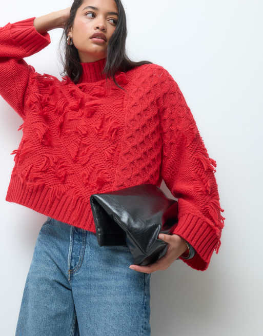 ASOS DESIGN funnel neck wool blend tassel jumper in red, 3 of 5