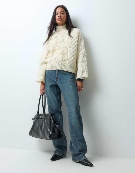 ASOS DESIGN funnel neck wool blend tassel sweater in cream, 2 of 5