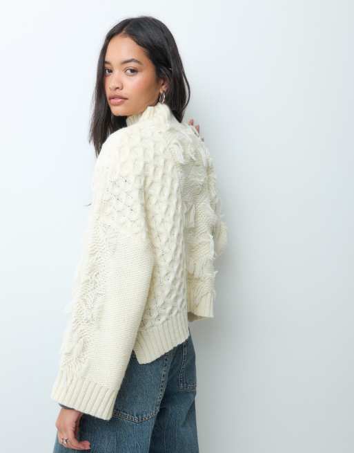 ASOS DESIGN funnel neck wool blend tassel sweater in cream, 4 of 5