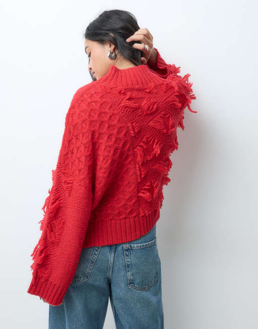 ASOS DESIGN funnel neck wool blend tassel sweater in red, 5 of 5