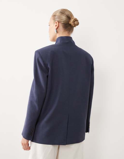 ASOS DESIGN funnel neck wrap blazer in blue and brown check, 3 of 4