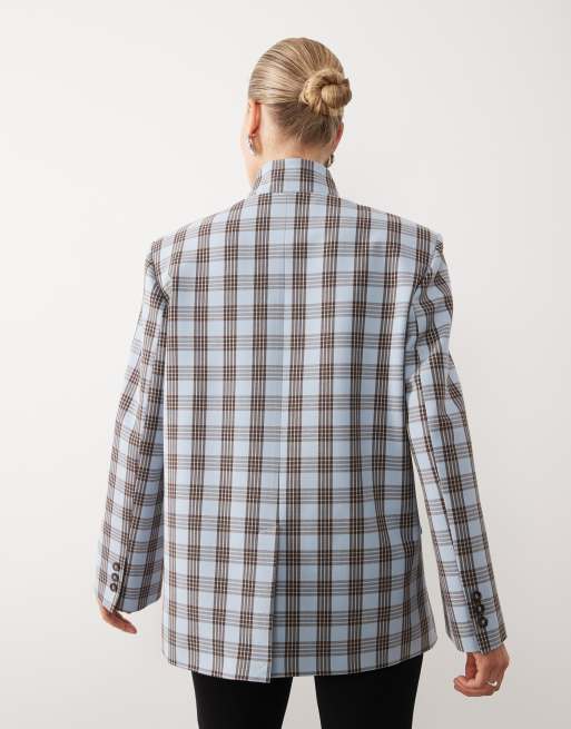 ASOS DESIGN funnel neck wrap blazer in blue and brown check, 4 of 4