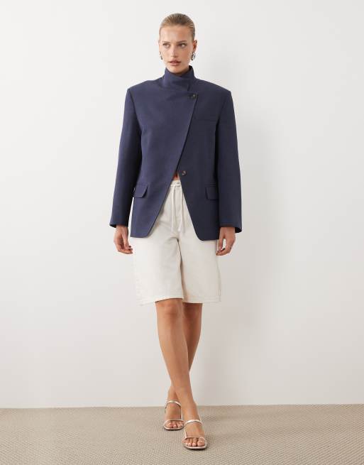 ASOS DESIGN funnel neck wrap blazer in blue and brown plaid, 2 of 4