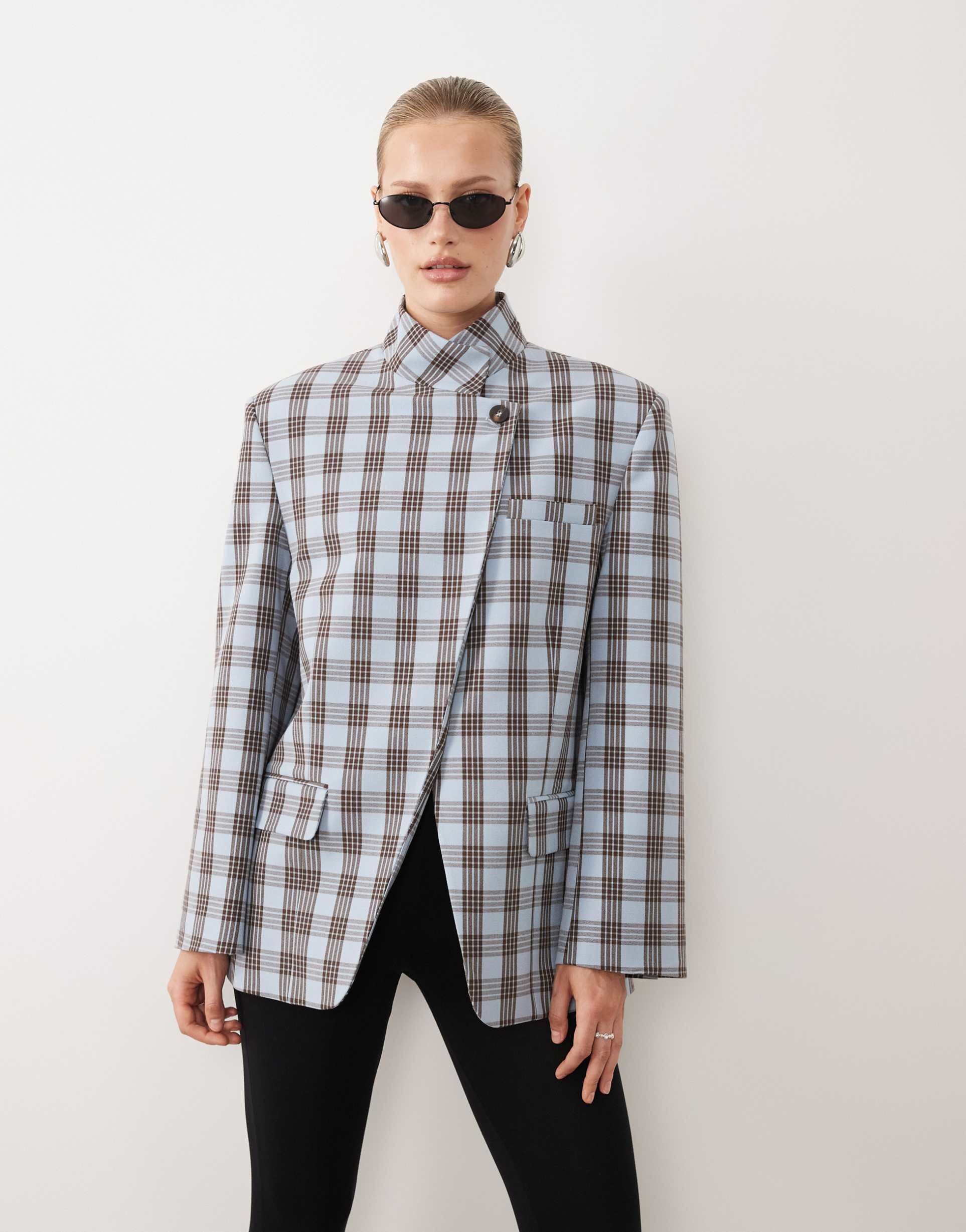asos design funnel neck wrap blazer in blue and brown plaid