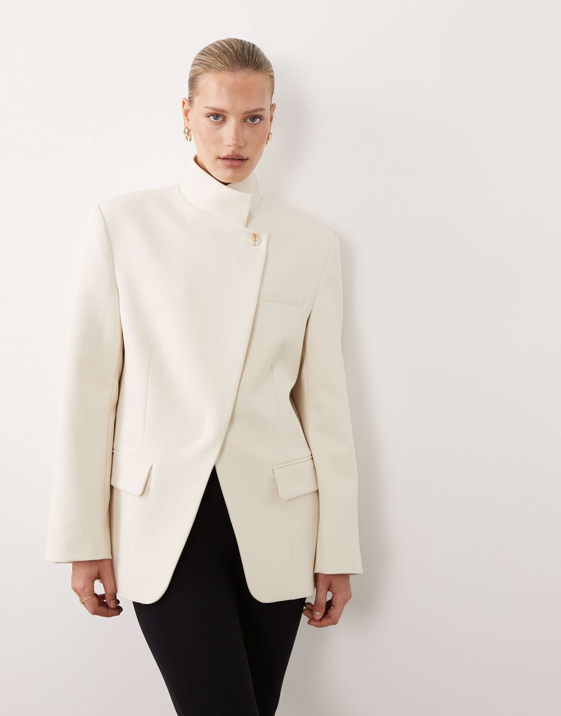asos design funnel neck wrap blazer in ivory