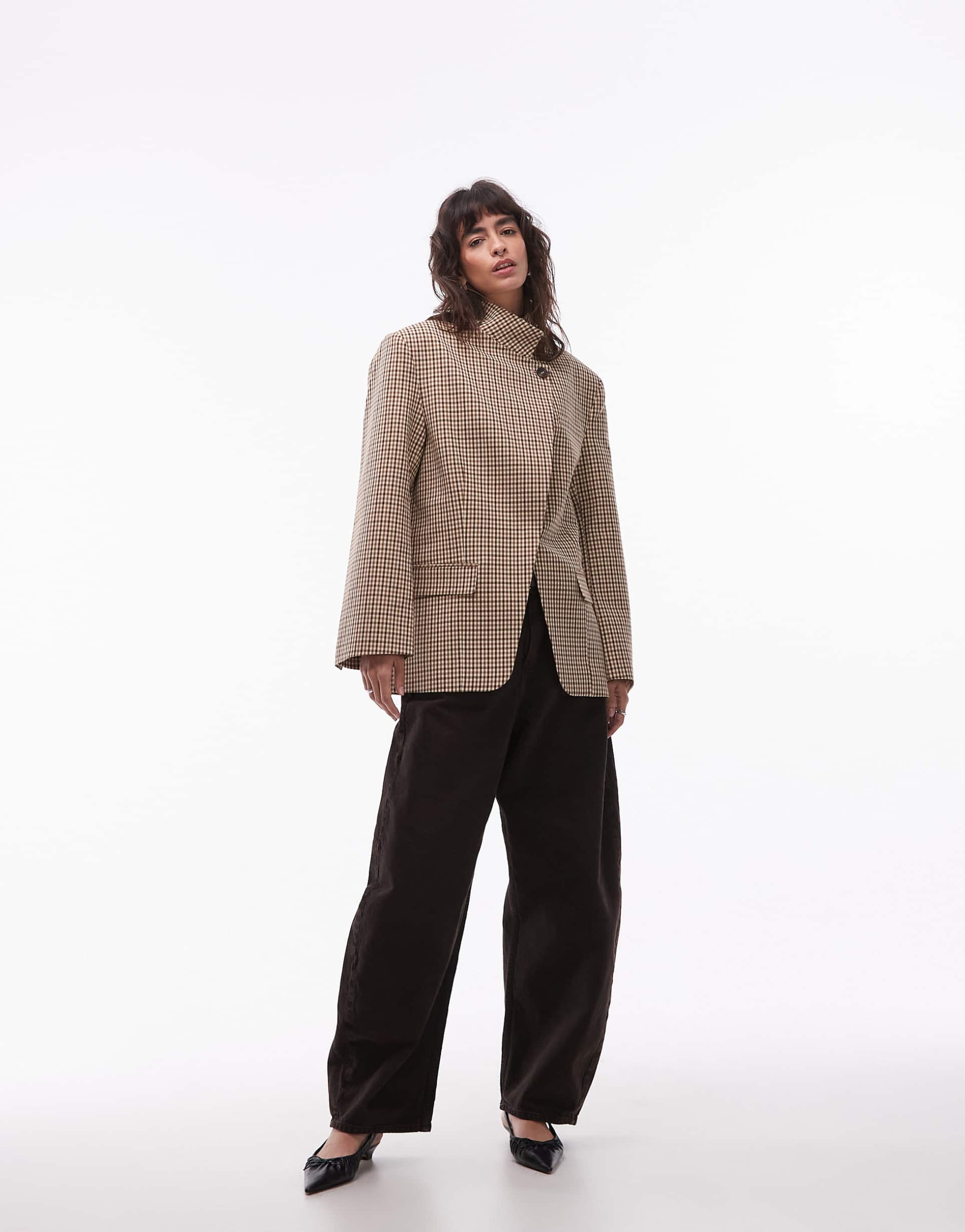 asos design funnel neck wrap blazer in plaid