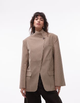Asos Design Funnel Neck Wrap Blazer In Brown