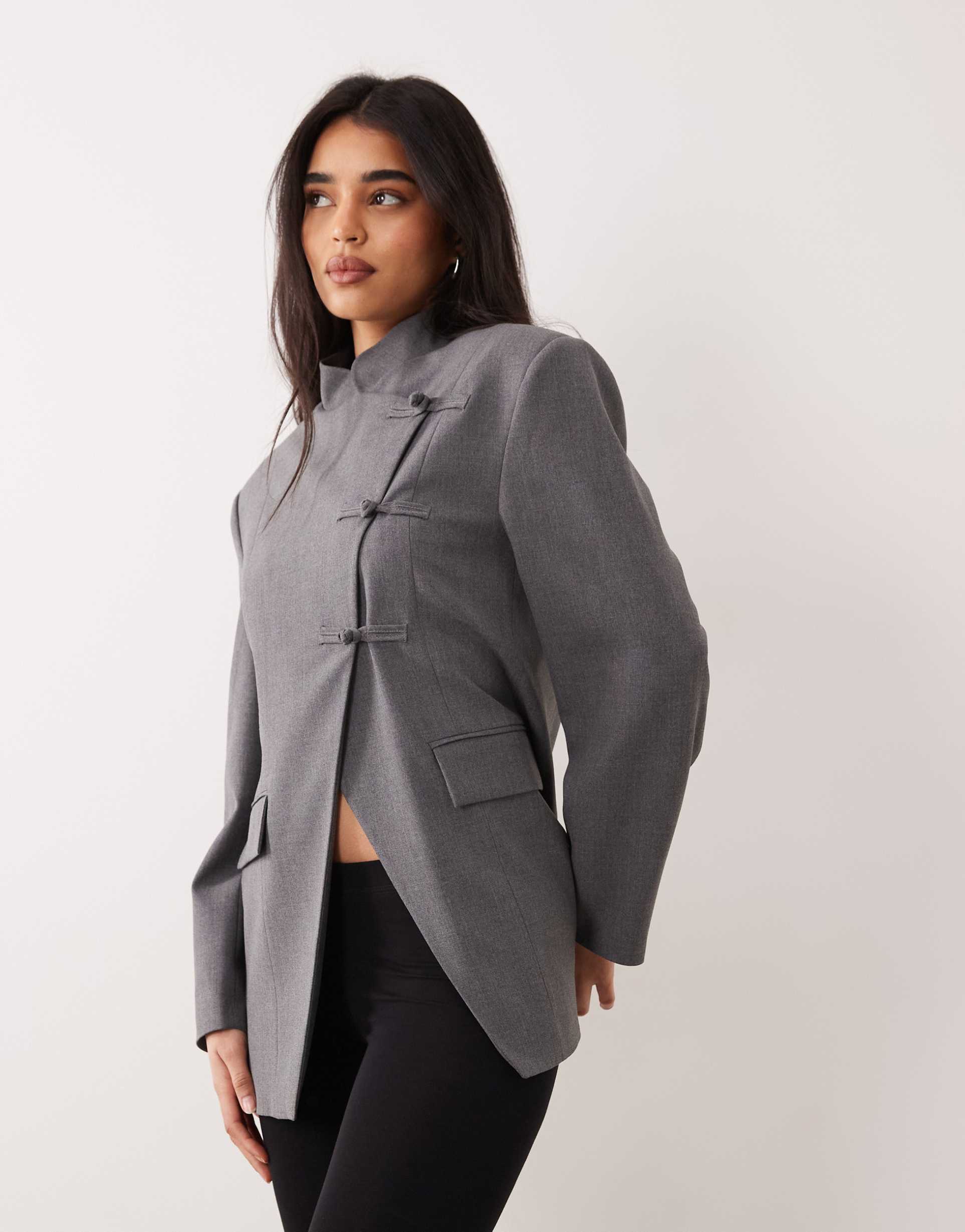 asos design funnel neck wrap blazer with mandarin buttons in black