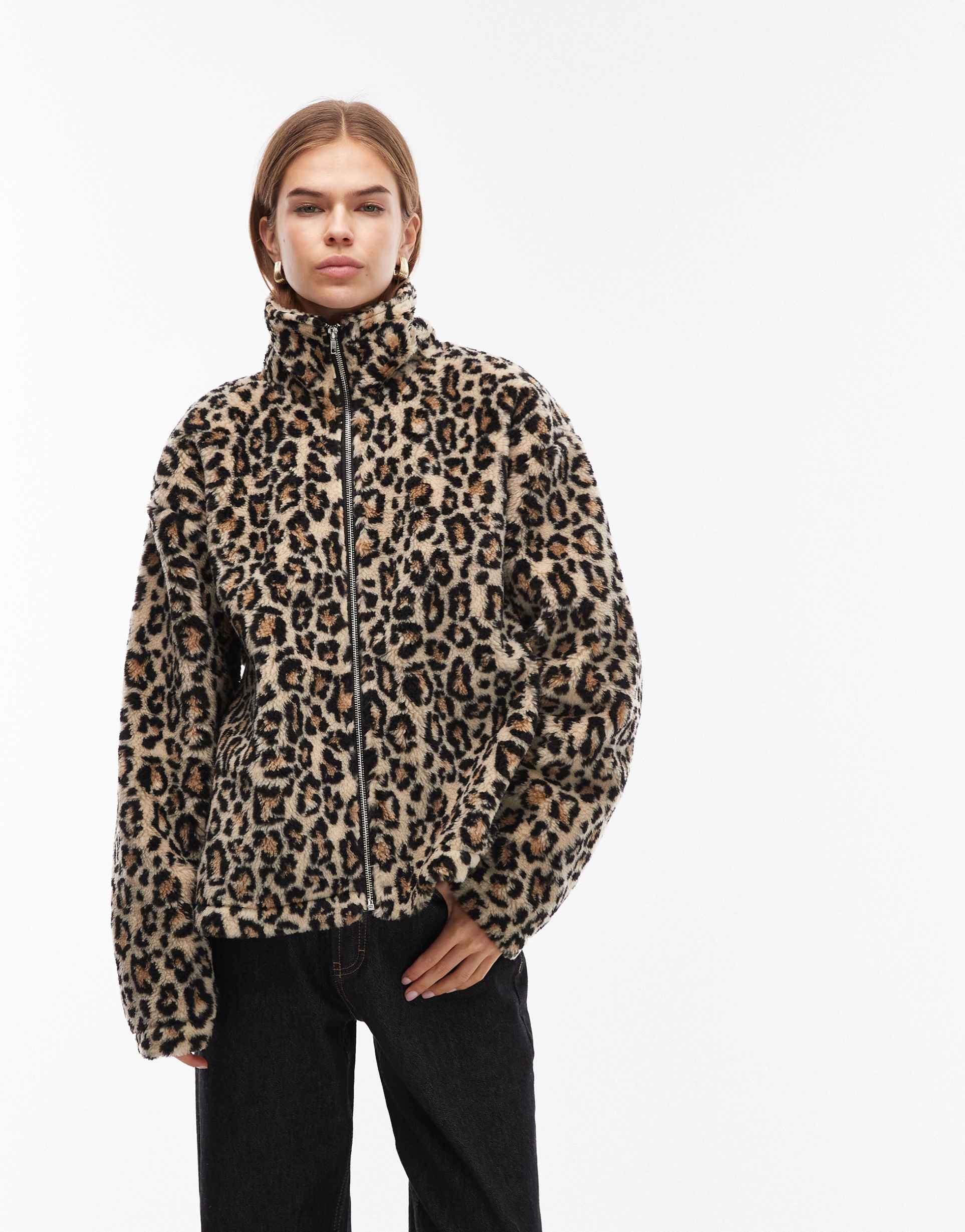 asos design funnel neck zip through borg fleece in leopard print