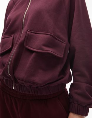 Asos Design Funnel Neck Zip Through Sweatshirt In Burgundy