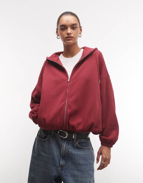 ASOS DESIGN funnel neck zip up brushback hoodie in burgundy - view 1