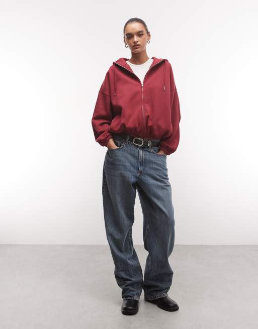 ASOS DESIGN funnel neck zip up brushback hoodie in burgundy, 3 of 4