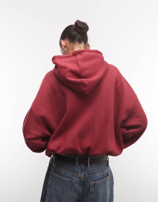 ASOS DESIGN funnel neck zip up brushback hoodie in burgundy, 4 of 4