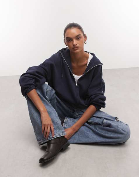 ASOS DESIGN funnel neck zip up brushback hoodie in navy - view 1