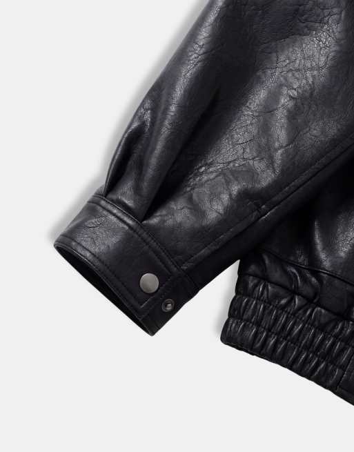 ASOS DESIGN funnel oversized leather look bomber in black, 8 of 9
