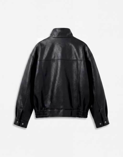 ASOS DESIGN funnel oversized leather look bomber in black, 9 of 9
