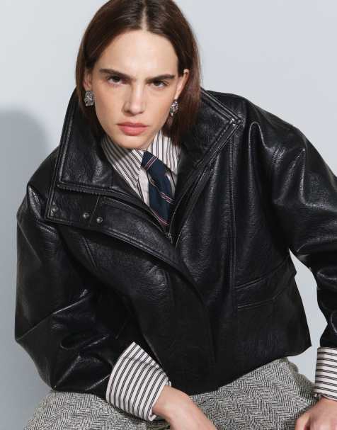 ASOS DESIGN funnel oversized leather look bomber jacket in black - view 1