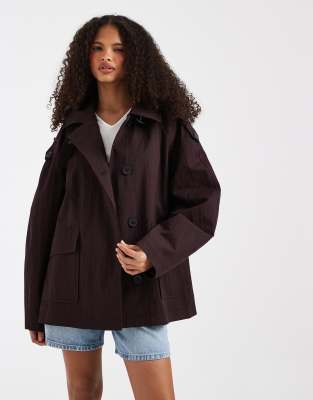 Asos Design Funnel Short Trench A-line Jacket In Brown