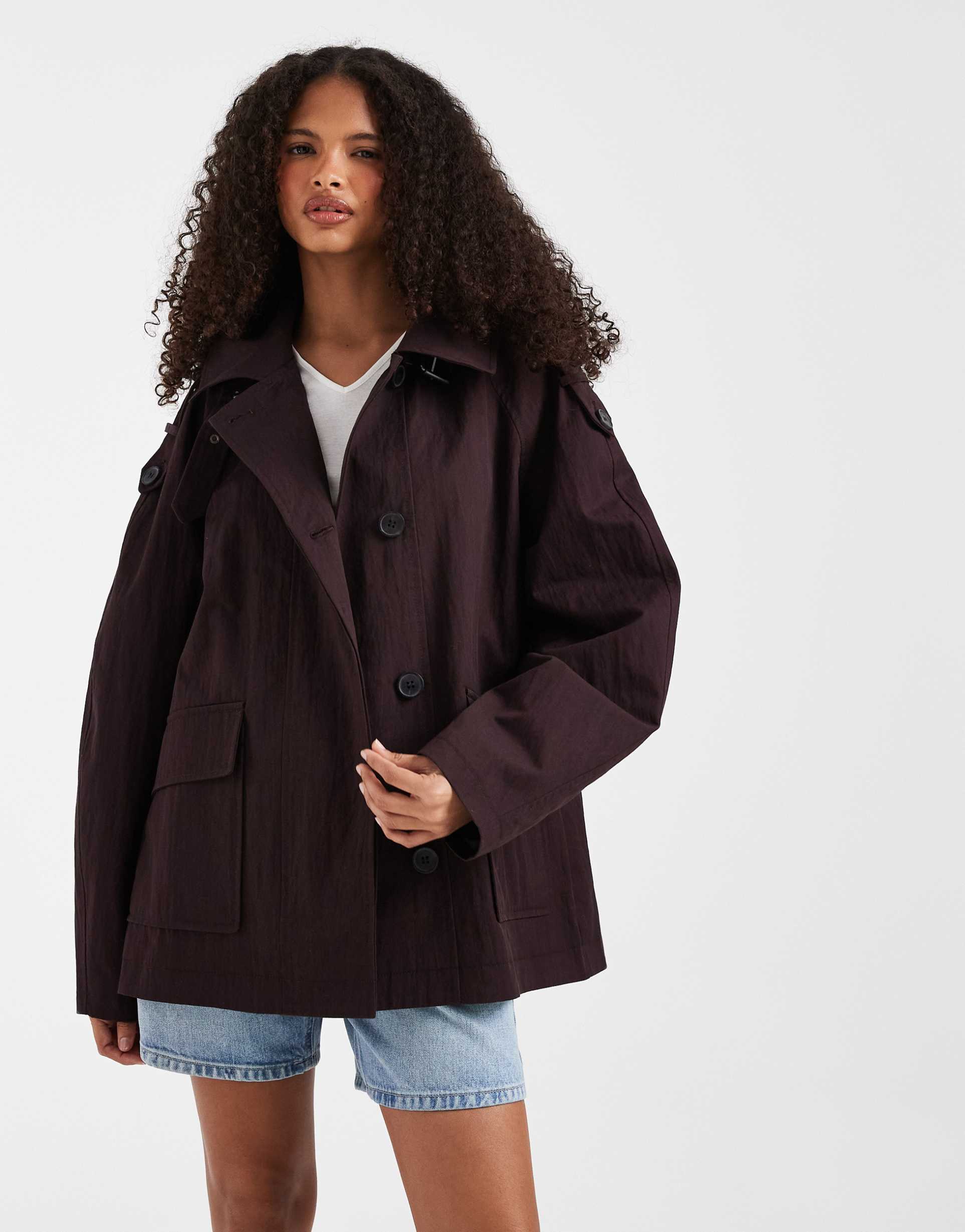 asos design funnel short trench a-line jacket in chocolate