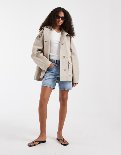 AMERI TENCEL DENIM SHORT TRENCHCOATベージュS ASOS DESIGN funnel short trench a-line jacket in stone | ASOS
