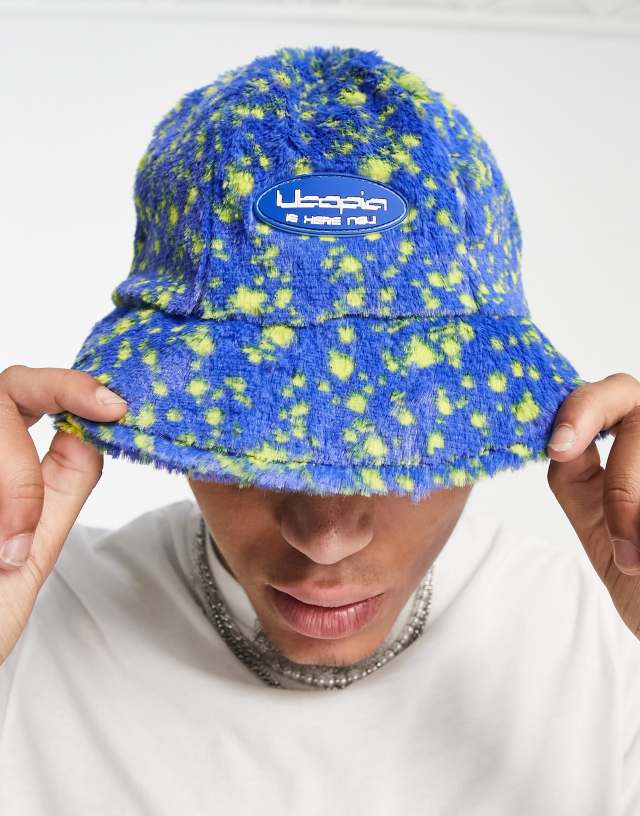 ASOS DESIGN fur bucket hat in blue and yellow - part of a set