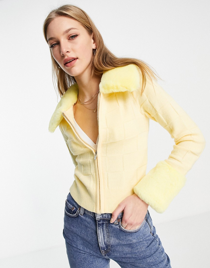Asos Design Fur Trim Cardigan With Checkerboard Stitch In Yellow | ModeSens