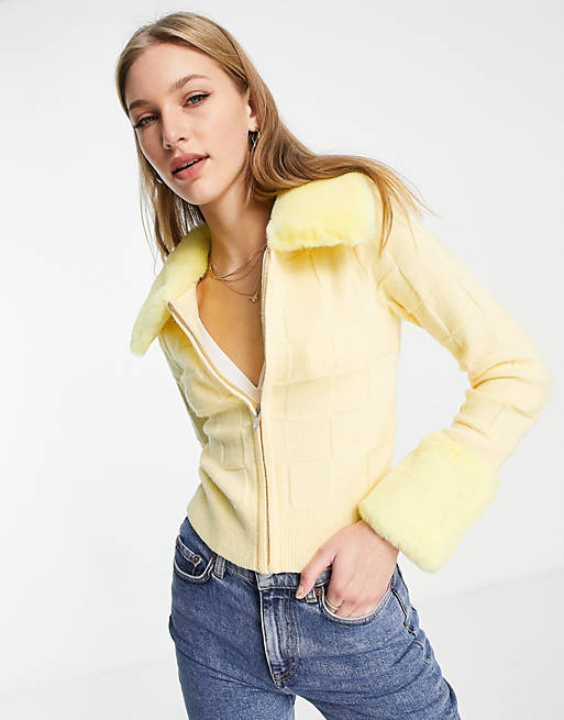 Jumpers & Cardigans fur trim cardigan with checkerboard stitch in yellow 