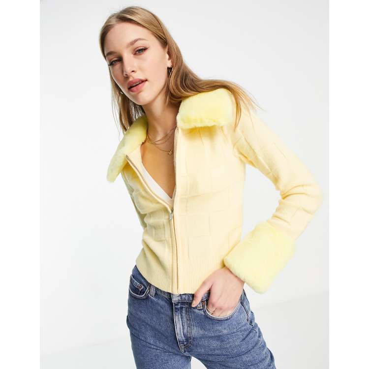 Faux Fur Trim Vintage Flower Coat - Luxury Yellow