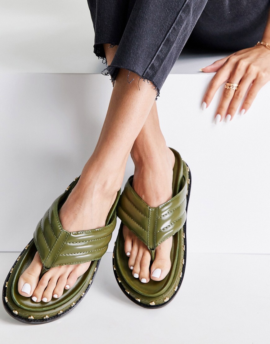 ASOS DESIGN Furnish premium leather toe post sandals in khaki-Green