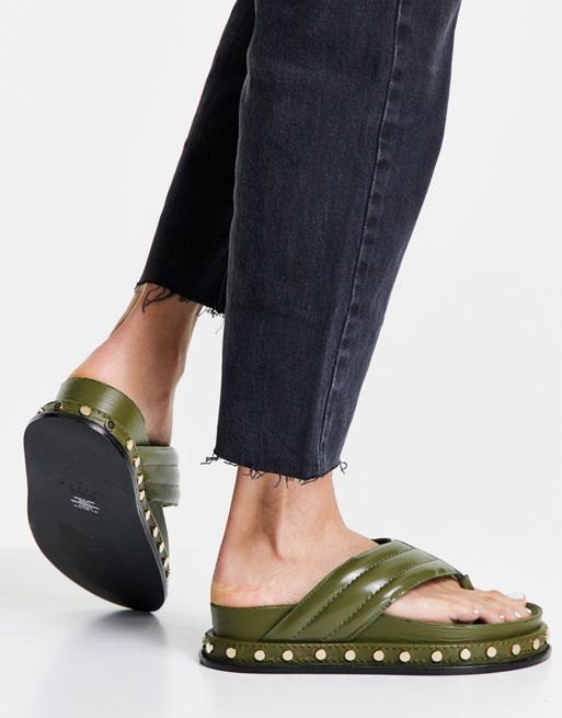 ASOS DESIGN Furnish premium leather toe post sandals in khaki