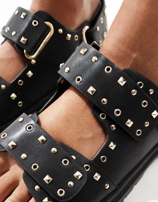 ASOS DESIGN Fuse chunky sandals with gold hardware in black, 3 of 4