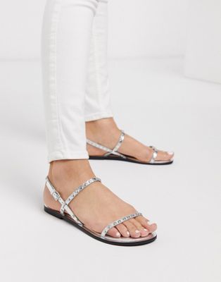 ASOS DESIGN Fuse leather studded flat sandals in silver | ASOS