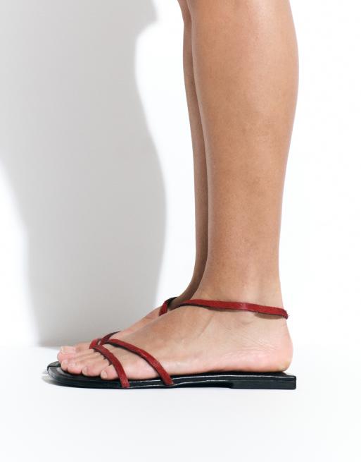 ASOS DESIGN Fusion premium skinny strap flat sandals in red hair on real leather, 2 of 4