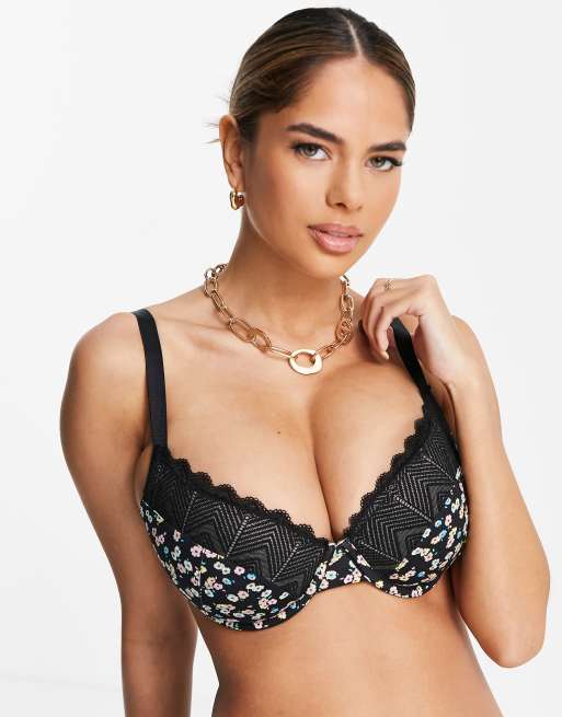 ASOS DESIGN – Fylligare byst – Amaya – Svart småblommig behå med vaddering och spets, 4 av 4
