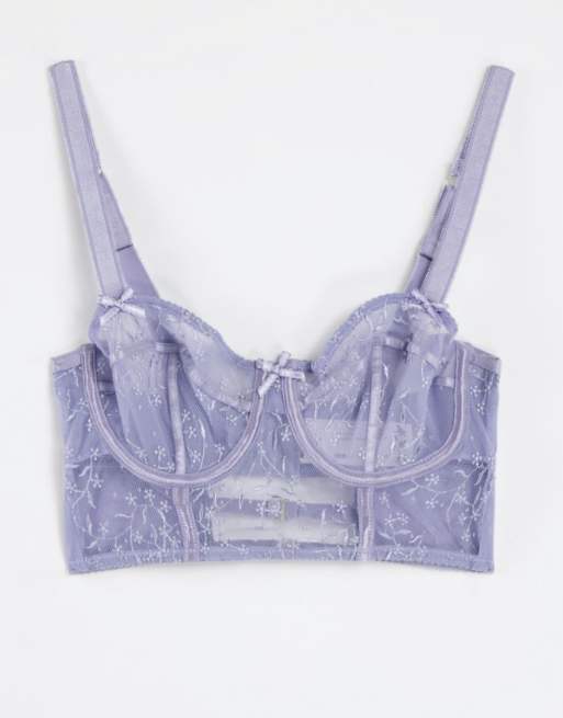 ASOS DESIGN – Fylligare byst – Floss – Blå broderad bralette med bygel i lång modell