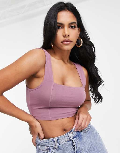 ASOS DESIGN Fylligare Byst – Gredelinfärgat kort linne i bomull med fyrkantig halsringning och dekorativ söm - LILA