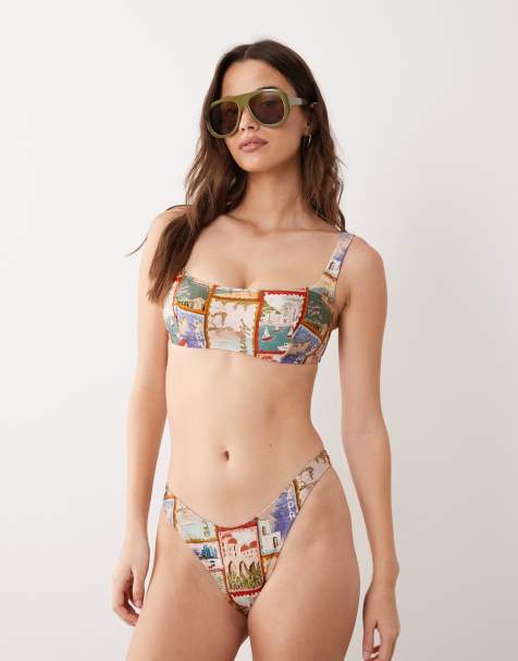 ASOS DESIGN – Fylligare Byst – Posey Mirissa – Vykortsmönstrad bikiniöverdel i crop top-modell med djup ringning - view 1