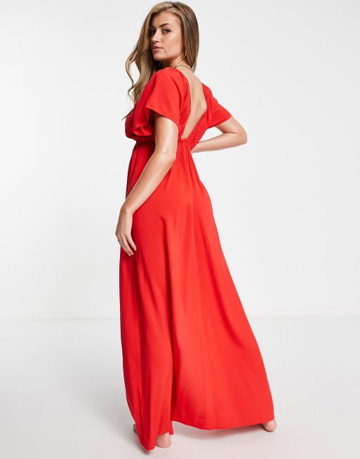 ASOS DESIGN – Fylligare byst – Röd lång strandklänning med utsvängda ärmar - RED, 3 av 4