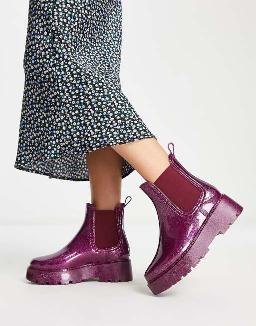 ASOS DESIGN – Gadget – Fioletowe brokatowe kalosze na grubej podeszwie