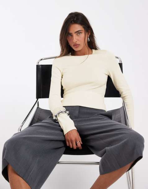 ASOS DESIGN – Gładki i dopasowany top z długimi rękawami w kolorze kości słoniowej - view 1