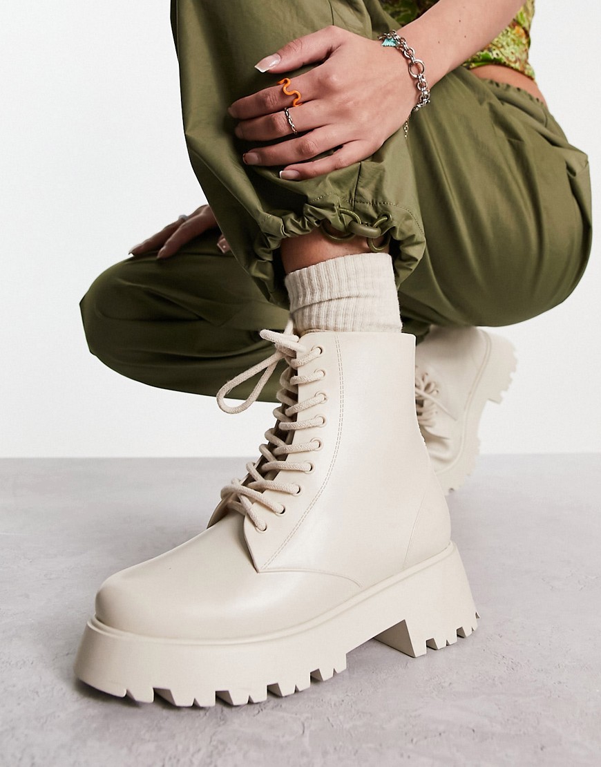 Asos Design Albany Chunky Lace Up Boots In Off White-neutral