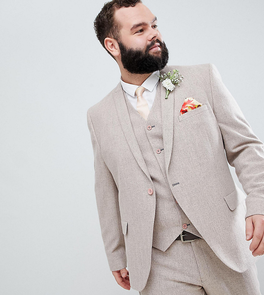 ASOS DESIGN – Gammelrosa, fiskbensmönstrad kostymjacka i plusstorlek med smal passform till bröllop