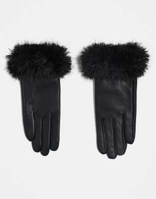 ASOS DESIGN - Gants en cuir avec bord en fausse fourrure - Noir