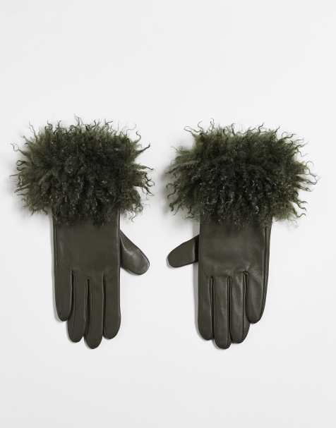 ASOS DESIGN - Gants en cuir avec bord en fausse fourrure - Vert - view 1