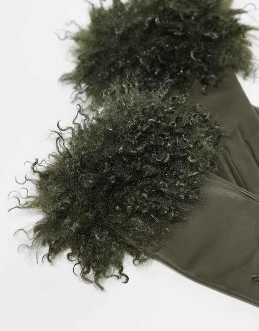 ASOS DESIGN - Gants en cuir avec bord en fausse fourrure - Vert, 2 de 3