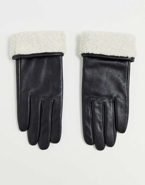 ASOS DESIGN - Gants en cuir pour écran tactile avec bordure imitation peau de mouton - Noir