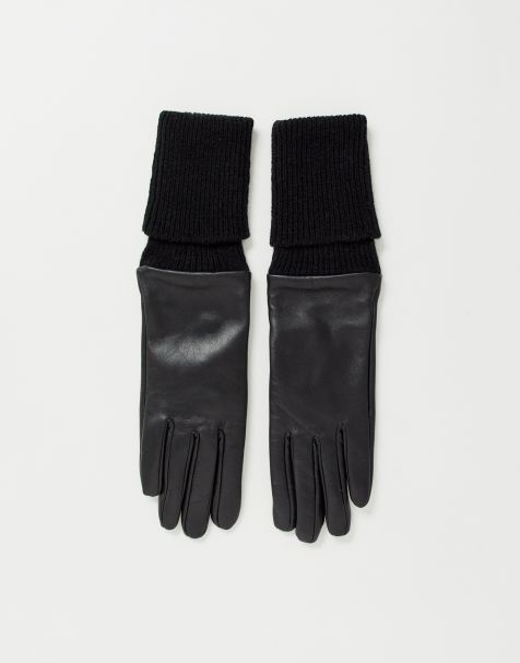 ASOS DESIGN - Gants tactiles en cuir avec longue bordure en maille côtelée - Noir